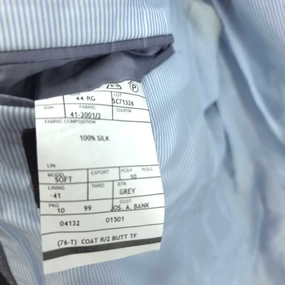 Jos A Bank Mens Blazer 100% Silk Grey Textured 42R Signature Collection 2-Button